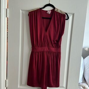 Halston- silk red dress with gold shoulder design- warps around waste